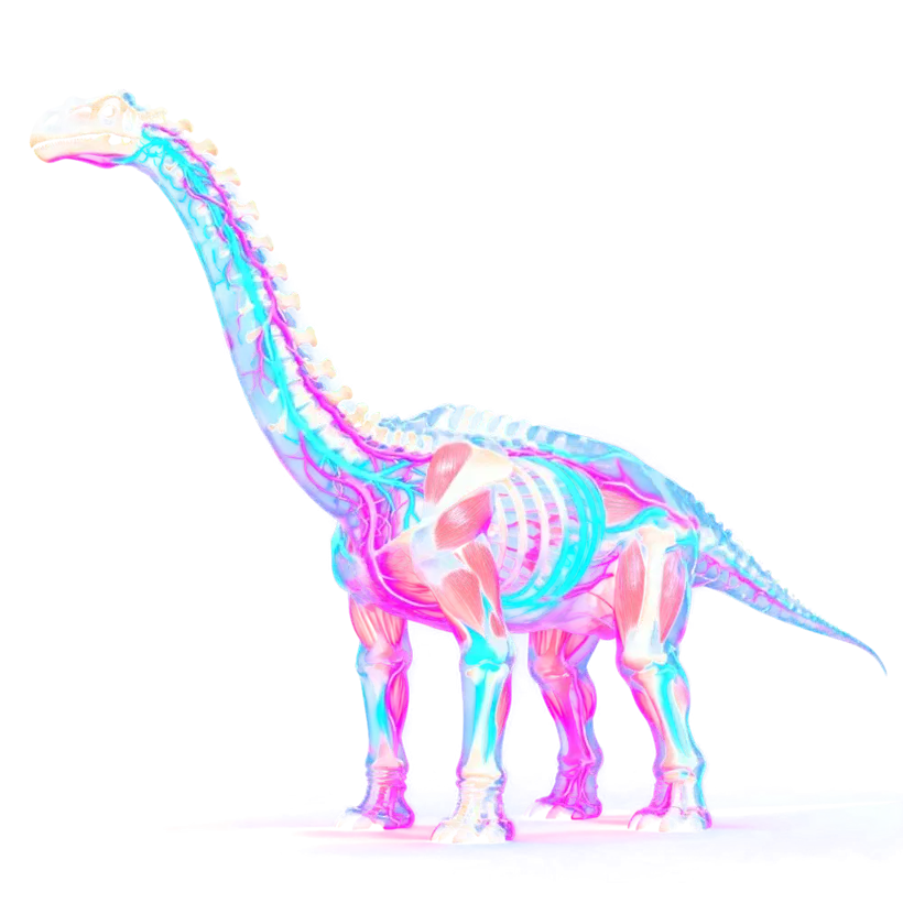 Brachiosaurus in pink and blue with a bone-white skull, neck raised
