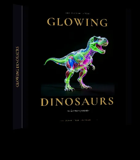 The hardcover of Glowing Dinosaurs, with a glowing Tyrannosaurus on a black cover and the title in gold