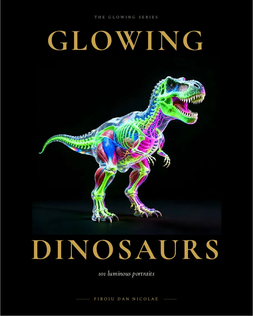 The cover of Glowing Dinosaurs: a glowing Tyrannosaurus between the gold title words