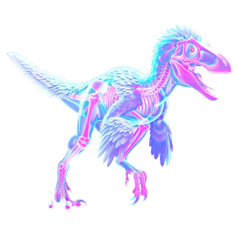 Feathered Deinonychus in purple and pink, running, with wing feathers on its arms