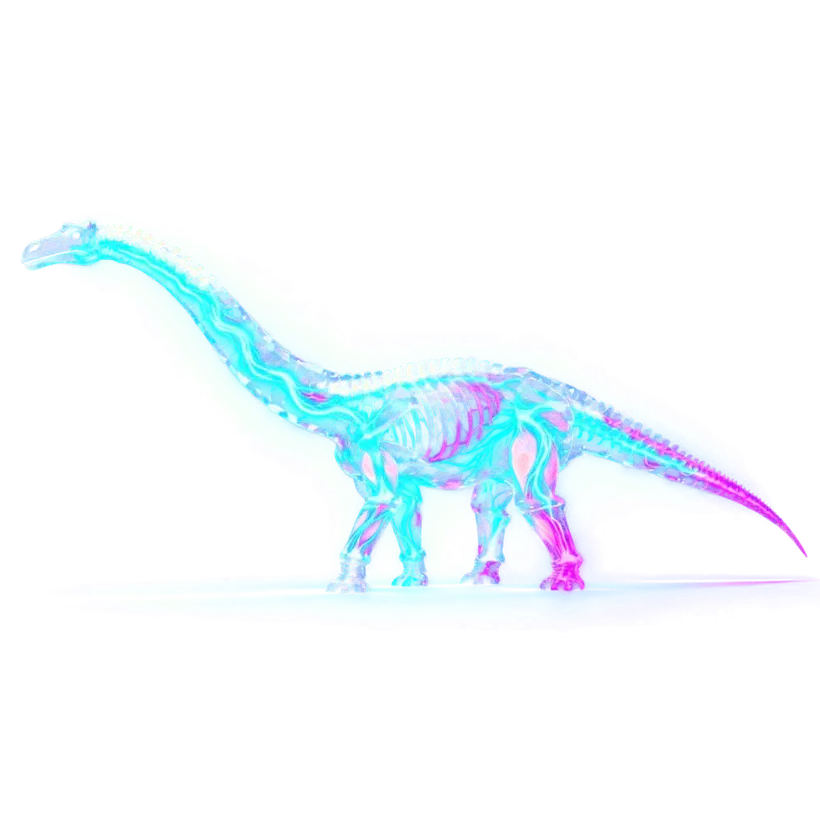 Diplodocus in blue and pink with a pale skull, neck held low and a long tail