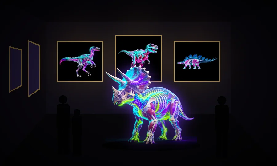 The exhibition: framed glowing plates and a glowing animatronic Triceratops in a dark gallery