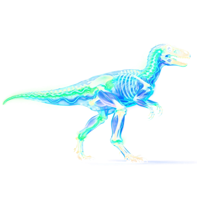 Eoraptor in blue and green with a bone-white skull, running on two legs