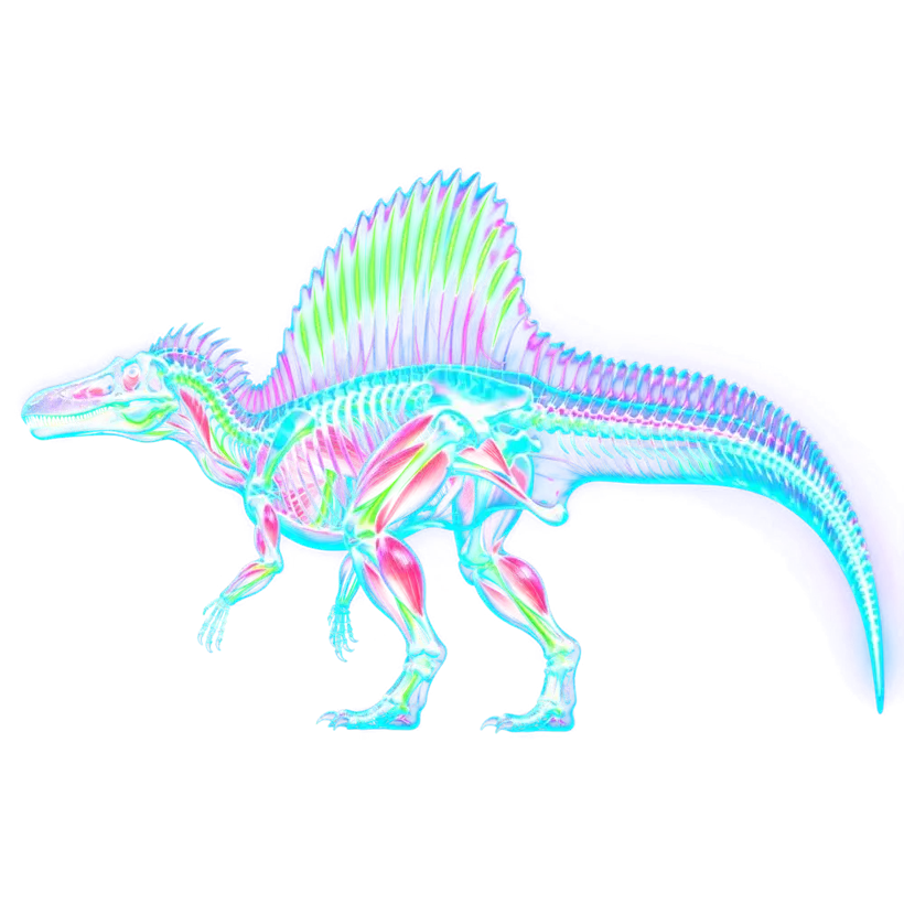 Spinosaurus in side view with a tall ribbed sail, long narrow jaws and a deep tail