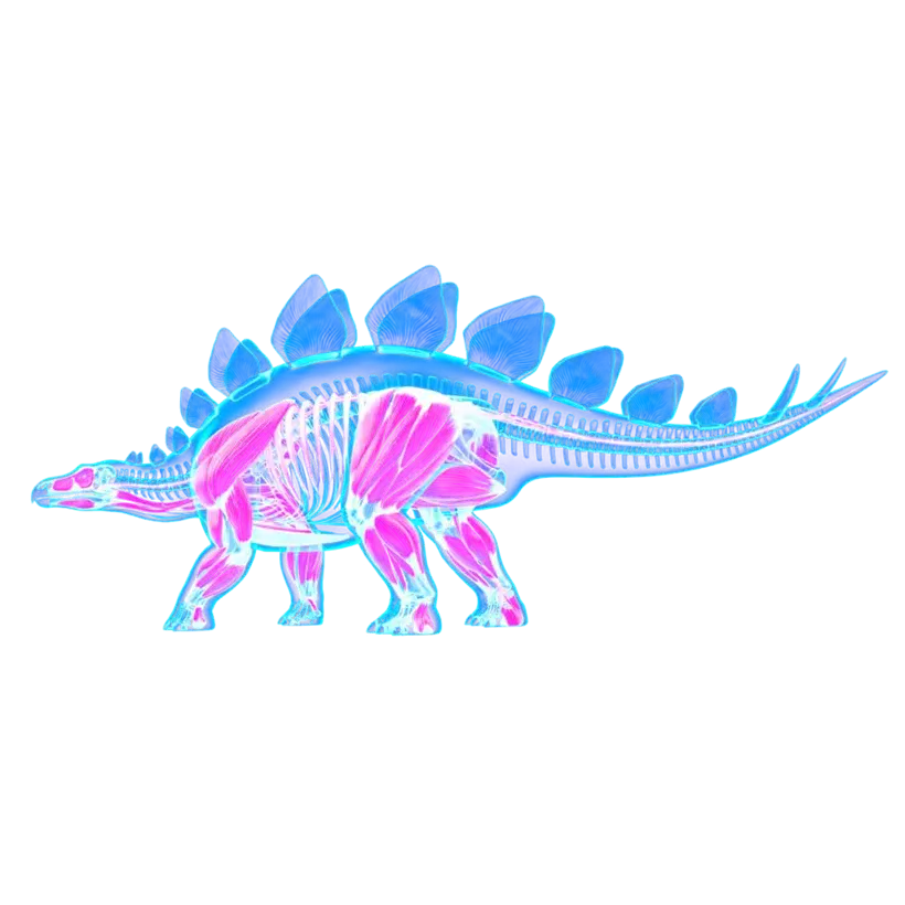 Stegosaurus with blue plates and pink muscles, seen from the side