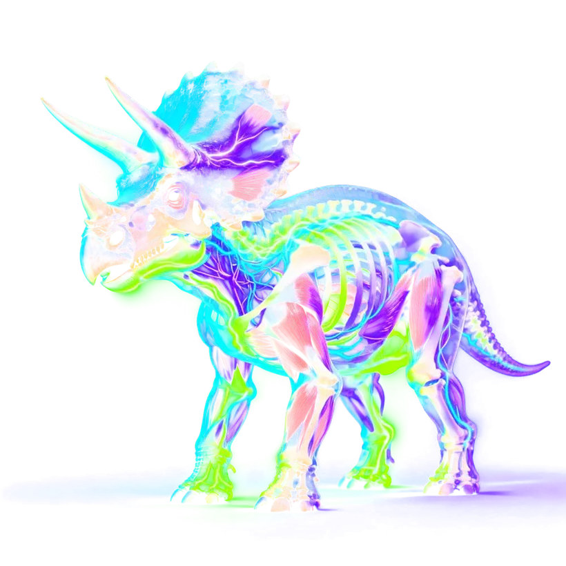 Triceratops in purple and green with a bone-white skull, three horns and a scalloped frill