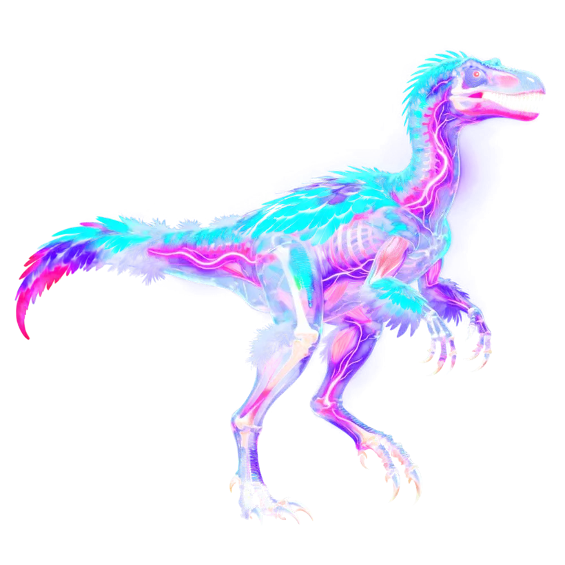 Feathered Velociraptor in blue, pink and purple, with feathered arms and a fan of tail feathers